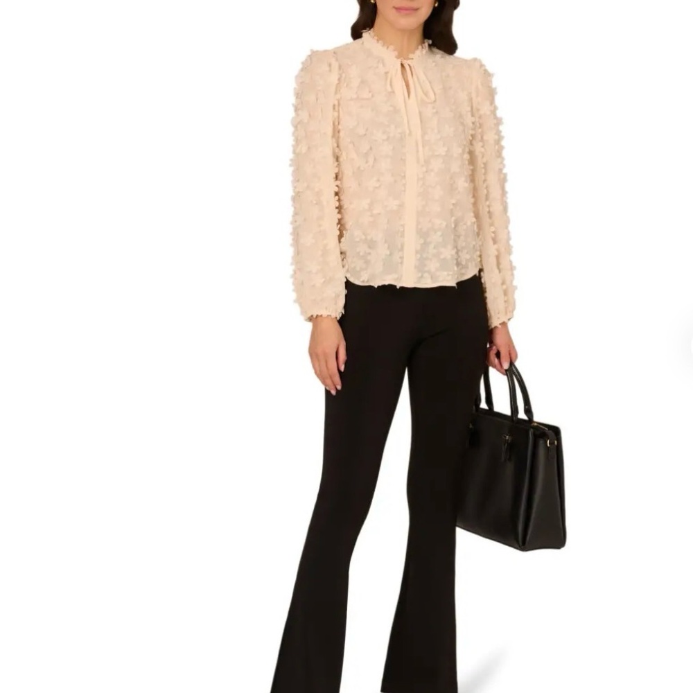 Adrianna Papell 3D Flower Tie Neck Sheer Blouse M Vanilla - Picture 4 of 9